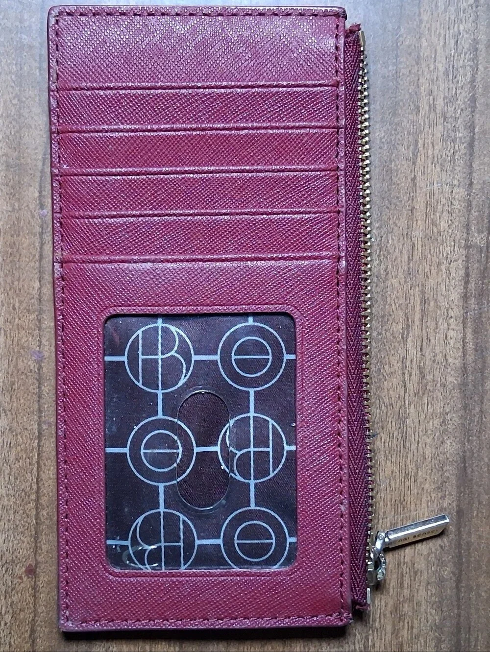 Henri Bendel New York Burgundy Saffiano Leather Zippered Card Case & ID Wallet